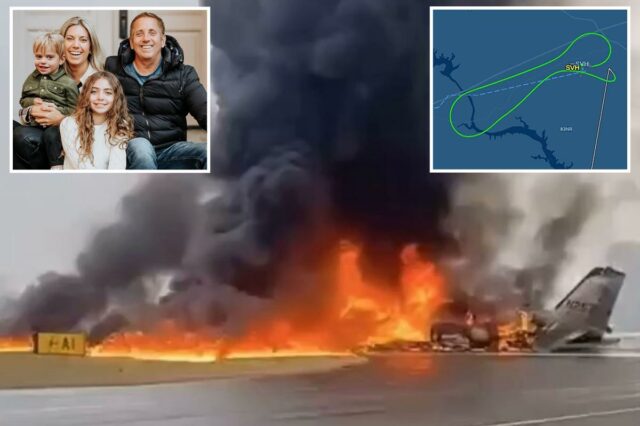 Um jato particular caiu e pegou fogo em uma pista.