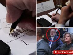 O chefe de orçamento da Casa Branca, ‘Grim Reaper’, Russ Vought, foi pego rabiscando uma cena inesperada durante a reunião de gabinete de Trump Susie Wiles em reunião de gabinete na Casa Branca.