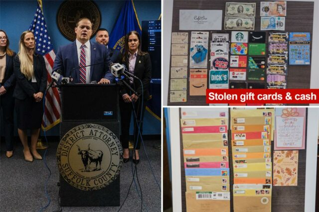 O funcionário dos correios Grinch roubou correspondência de presente de O promotor público do condado de Suffolk, Raymond A. Tierney, em uma entrevista coletiva anunciando acusações contra um funcionário dos correios do USPS.