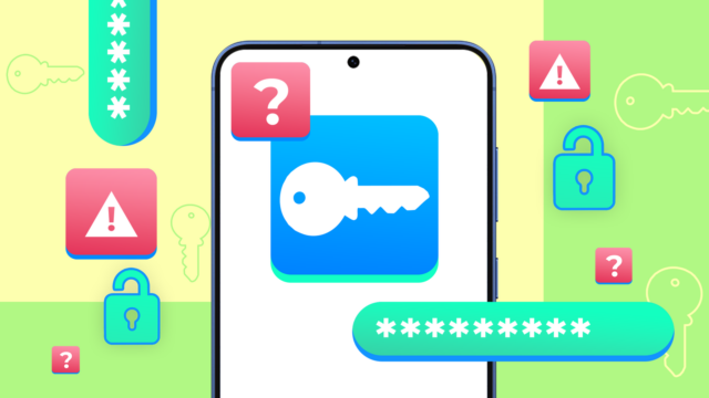 O gerenciador de senhas do Android sobre o qual ninguém Logotipo do Proton Pass cercado por chaves digitais coloridas e símbolos de senha, e o Google Password Manager riscado.