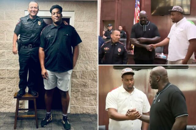 O ícone da NBA, Shaquille O'Neal, ajuda o recruta policial de 2,10 metros que falhou no exame por um ponto no sonho de se tornar o policial mais alto do Texas
