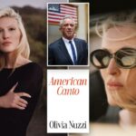 Olivia Nuzzi com cabelos loiros e top preto, posando ao ar livre.