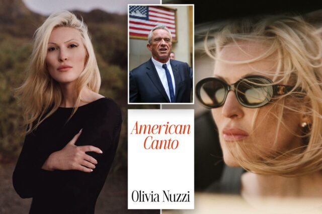 Olivia Nuzzi com cabelos loiros e top preto, posando ao ar livre.