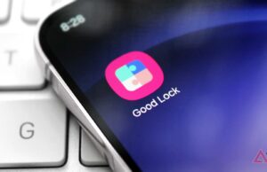 O módulo Good Lock que me forcei a aprender – e agora não consigo usar um Galaxy sem Ilustração 3D de quatro ícones do aplicativo Samsung Good Lock – Home Up, Nice Shot, NotiStar e Sound Assistant – dispostos horizontalmente em um fundo rosa com formas abstratas flutuantes.