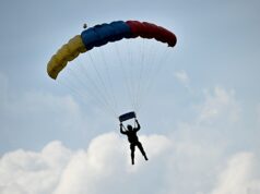 O paraquedista sobrevive depois que o pára-quedas reserva é acionado acidentalmente, deixando-o pendurado em um avião voador O paraquedista sobrevive depois que o pára-quedas reserva é acionado acidentalmente, deixando-o pendurado em um avião voador