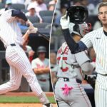 O terceiro base do New York Yankees, Ryan McMahon # 19, joga seu capacete depois de rebater. Com as bases carregadas, encerrando o quinto inning.