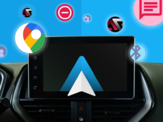 O recurso oculto do Android Auto que transformou minha experiência de dirigir Um painel de carro exibindo navegação e controles de música do Android Auto, com ícones flutuantes para comandos de voz e telefone.