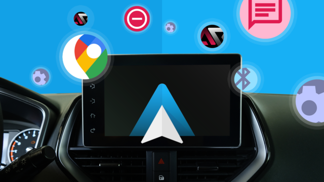 O recurso oculto do Android Auto que transformou minha experiência Um painel de carro exibindo navegação e controles de música do Android Auto, com ícones flutuantes para comandos de voz e telefone.