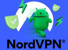 O truque oculto do NordVPN que a maioria dos usuários do Android nunca percebe Uma mulher usando seu telefone enquanto anéis azuis brilhantes a envolvem, com um ícone NordVPN flutuando acima do dispositivo.
