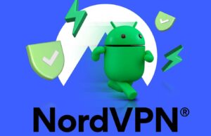 O truque oculto do NordVPN que a maioria dos usuários do Android nunca percebe Uma mulher usando seu telefone enquanto anéis azuis brilhantes a envolvem, com um ícone NordVPN flutuando acima do dispositivo.