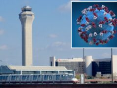 O vírus mais contagioso do mundo detectado em dois grandes aeroportos dos EUA em meio ao pico de tráfego nos feriados Um AirTrain vazio e a torre de controle são vistos no Aeroporto Internacional Newark Liberty.