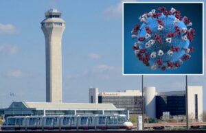 O vírus mais contagioso do mundo detectado em dois grandes aeroportos dos EUA em meio ao pico de tráfego nos feriados Um AirTrain vazio e a torre de controle são vistos no Aeroporto Internacional Newark Liberty.