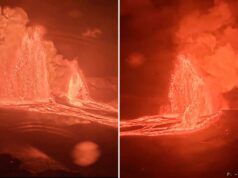 O vulcão Kilauea, no Havaí, lança 1.400 pés de lava no ar em cena selvagem Erupção do vulcão Kilauea com uma grande fonte de lava e lava fluindo, tirada à noite.