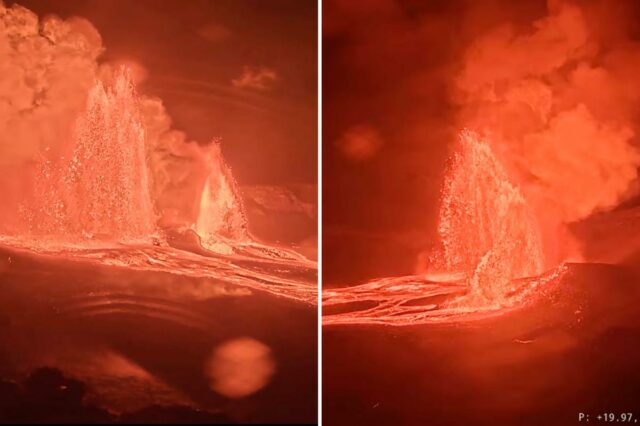 Erupção do vulcão Kilauea com uma grande fonte de lava e lava fluindo, tirada à noite.