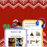 Um homem usando fones de ouvido usando um telefone com um aplicativo de aprendizagem de idiomas aberto para