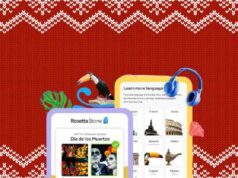 Obtenha cursos de idiomas Rosetta Stone vitalícios com mais de 55% de desconto Um homem usando fones de ouvido usando um telefone com um aplicativo de aprendizagem de idiomas aberto para