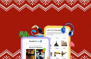 Obtenha cursos de idiomas Rosetta Stone vitalícios com mais de 55% de desconto Um homem usando fones de ouvido usando um telefone com um aplicativo de aprendizagem de idiomas aberto para