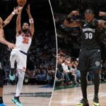 Karl-Anthony Towns, nº 32 do New York Knicks, arremessa a bola durante o jogo contra o Minnesota Timberwolves em 23 de dezembro de 2025 no Target Center em Minneapolis, Minnesota.