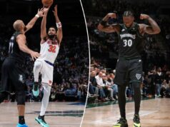 Os Knicks sem Jalen Brunson caem para os Timberwolves enquanto Julius Randle se vinga do antigo time Karl-Anthony Towns, nº 32 do New York Knicks, arremessa a bola durante o jogo contra o Minnesota Timberwolves em 23 de dezembro de 2025 no Target Center em Minneapolis, Minnesota.