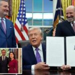Colagem do ex-presidente Trump assinando uma ordem executiva sobre IA, flanqueado pelo senador Ted Cruz e Matt Schlapp, com uma imagem menor do ex-embaixador Richard Grenell, Ric Grenell e uma mulher.