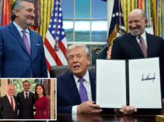Os chefões da tecnologia se alegram quando Trump assina a ordem que limita a regulamentação de IA da Califórnia Colagem do ex-presidente Trump assinando uma ordem executiva sobre IA, flanqueado pelo senador Ted Cruz e Matt Schlapp, com uma imagem menor do ex-embaixador Richard Grenell, Ric Grenell e uma mulher.