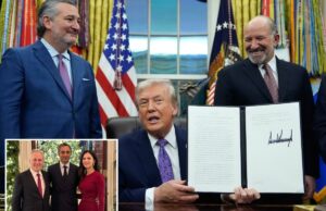Os chefões da tecnologia se alegram quando Trump assina a ordem que limita a regulamentação de IA da Califórnia Colagem do ex-presidente Trump assinando uma ordem executiva sobre IA, flanqueado pelo senador Ted Cruz e Matt Schlapp, com uma imagem menor do ex-embaixador Richard Grenell, Ric Grenell e uma mulher.