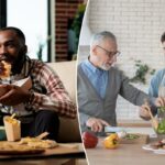 Filho e pai sênior cozinhando juntos em uma cozinha.