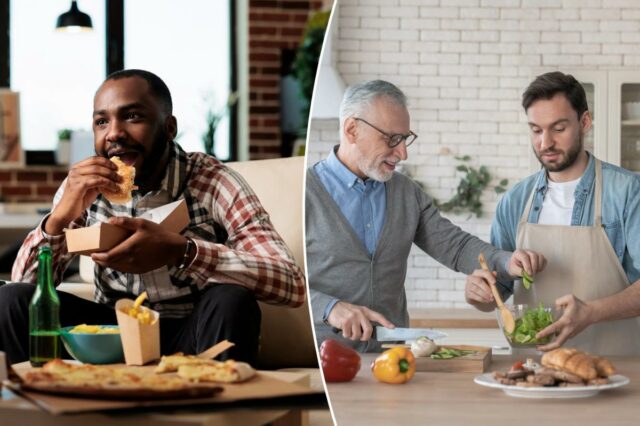 Filho e pai sênior cozinhando juntos em uma cozinha.