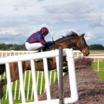 Close-up de um jóquei em um cavalo saltando sobre um obstáculo de feno, paisagem rural ao fundo. Grand National lidera os eventos de apostas mais populares do mundo, mostram números da Entain
