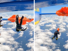 Pára-quedista prende pára-quedas na cauda do avião, Fluke insano capturado em vídeo 121125 estadia para paraquedista