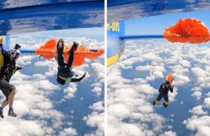 Pára-quedista prende pára-quedas na cauda do avião, Fluke insano capturado em vídeo 121125 estadia para paraquedista