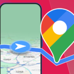Uma pessoa segurando um smartphone com o logotipo do Google Maps ampliado na tela, contra um fundo de mapa estilizado com uma linha de rota de navegação azul atravessando-o.