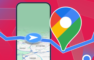 Parei de usar o Google Maps e este aplicativo Android me fez adorar dirigir novamente Uma pessoa segurando um smartphone com o logotipo do Google Maps ampliado na tela, contra um fundo de mapa estilizado com uma linha de rota de navegação azul atravessando-o.