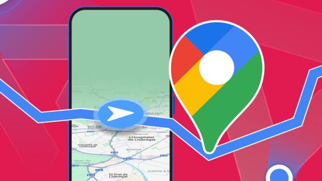 Uma pessoa segurando um smartphone com o logotipo do Google Maps ampliado na tela, contra um fundo de mapa estilizado com uma linha de rota de navegação azul atravessando-o.
