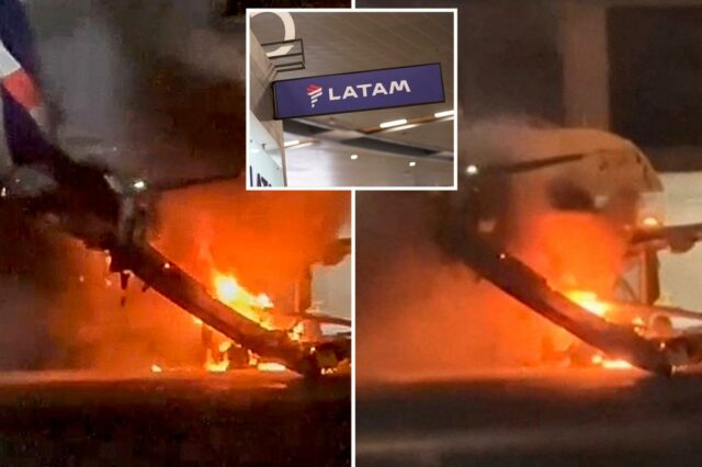 Passageiros em pânico escapam de avião após incêndio em aeroporto Um avião da Latam Airlines foi engolido por fogo e fumaça na pista do Aeroporto Internacional de Guarulhos, em São Paulo, Brasil.