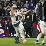 O quarterback do New England Patriots, Drake Maye (10), passa para uma conversão de dois pontos contra o Baltimore Ravens.