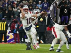 Patriots usam rali furioso para superar Ravens e garantir vaga nos playoffs após a saída de Lamar Jackson por lesão O quarterback do New England Patriots, Drake Maye (10), passa para uma conversão de dois pontos contra o Baltimore Ravens.