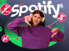 Percebi que só quero uma coisa do Spotify Wrapped e não preciso do Spotify para isso Logotipo do Spotify usando fones de ouvido pretos, cercado por ícones flutuantes de notas musicais verdes em um fundo gradiente.