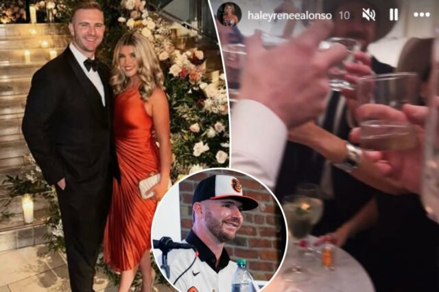 Pete Alonso e sua esposa Haley dão o 'último hoorah Pete Alonso e sua esposa Haley dão o 'último hoorah do Mets' no casamento de AJ Minter após a assinatura de Orioles