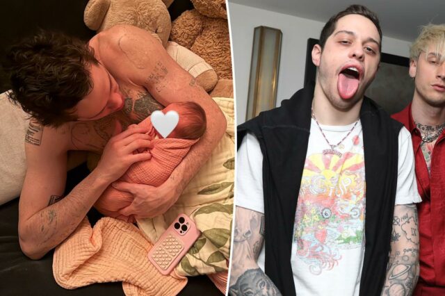 Pete Davidson mostra jornada de remoção de tatuagem em foto Pete Davidson mostra jornada de remoção de tatuagem em foto sem camisa com filha recém-nascida