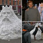 Pilha de neve de Nova York esculpida em uma escultura 'louca' do Rei da Neve - agora é uma atração turística