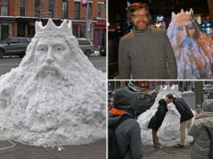 Pilha de neve de Nova York esculpida em uma escultura ‘louca’ do Rei da Neve – agora é uma atração turística Pilha de neve de Nova York esculpida em uma escultura 'louca' do Rei da Neve - agora é uma atração turística