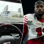 Brandon Aiyuk mostra-se dirigindo a 160 km/h perto do estádio dos 49ers.