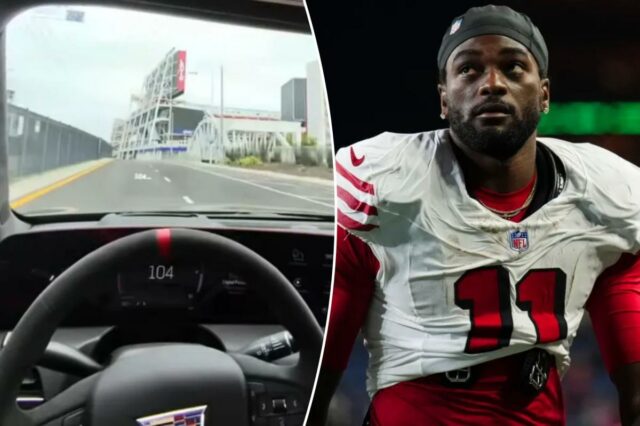 Brandon Aiyuk mostra-se dirigindo a 160 km/h perto do estádio dos 49ers.