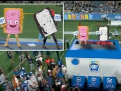 Pop-Tarts Bowl apresenta travessuras e sacrifícios de mascotes após a vitória da BYU Duas pessoas fantasiadas de mascote Pop-Tart em uma plataforma em um jogo de futebol.