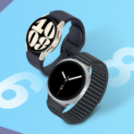 Uma mão segurando um Samsung Galaxy Watch Utra, exibindo uma tela com blocos empilhados e um grande número “8” no fundo.