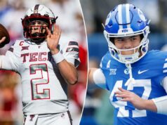 Previsão Texas Tech vs. BYU: probabilidades, escolhas e melhor aposta do Big 12 Championship O quarterback da BYU com o número 47 em sua camisa jogando uma bola de futebol.
