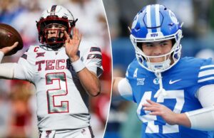 Previsão Texas Tech vs. BYU: probabilidades, escolhas e melhor aposta do Big 12 Championship O quarterback da BYU com o número 47 em sua camisa jogando uma bola de futebol.
