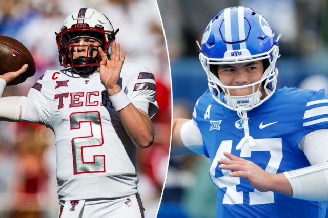 Previsão Texas Tech vs. BYU: probabilidades, escolhas e melhor aposta O quarterback da BYU com o número 47 em sua camisa jogando uma bola de futebol.