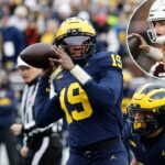 Arch Manning # 16 do Texas Longhorns sai do bolso durante o primeiro quarto enquanto tenta passar contra o Texas A&M Aggies no Darrell K Royal-Texas Memorial Stadium em 28 de novembro de 2025 em Austin, Texas.